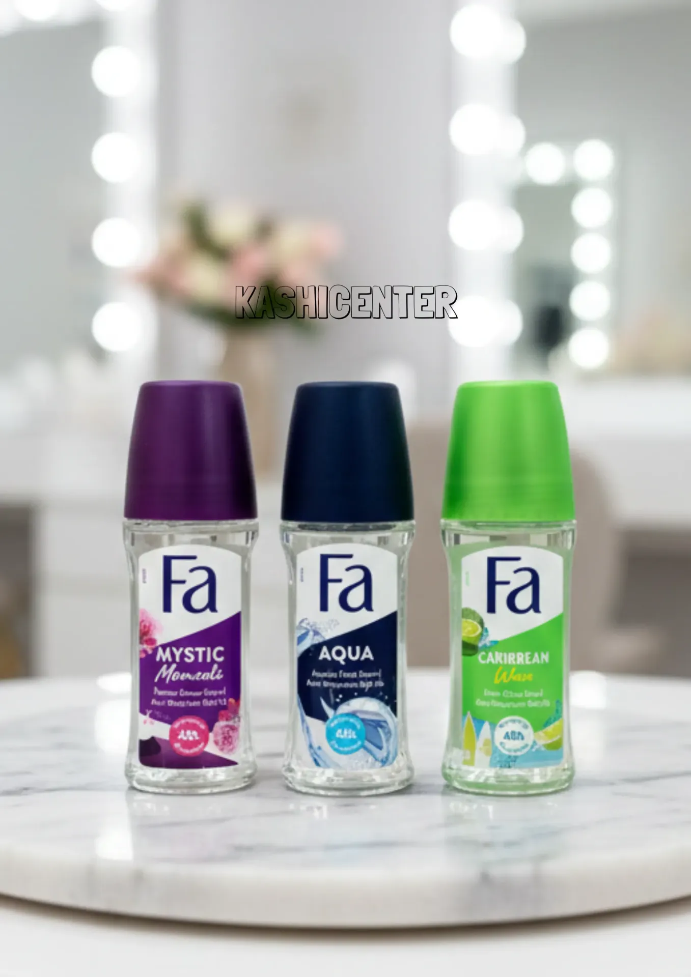 Fa roll-on deodorants in three different variants: Mystic Moments Aqua Caribbean Wave