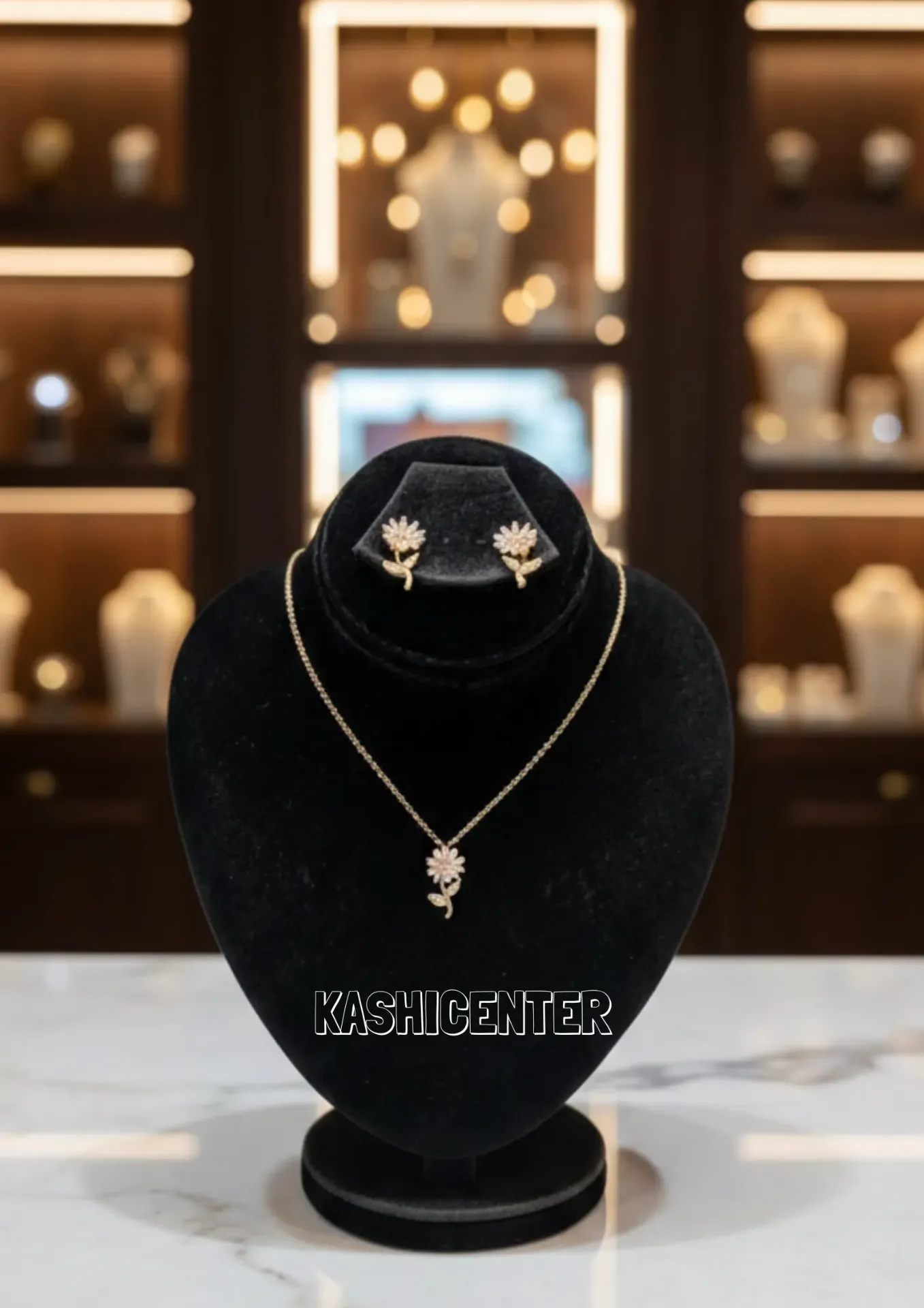 Gold Flower Shaped Solitaire Pendant Set.