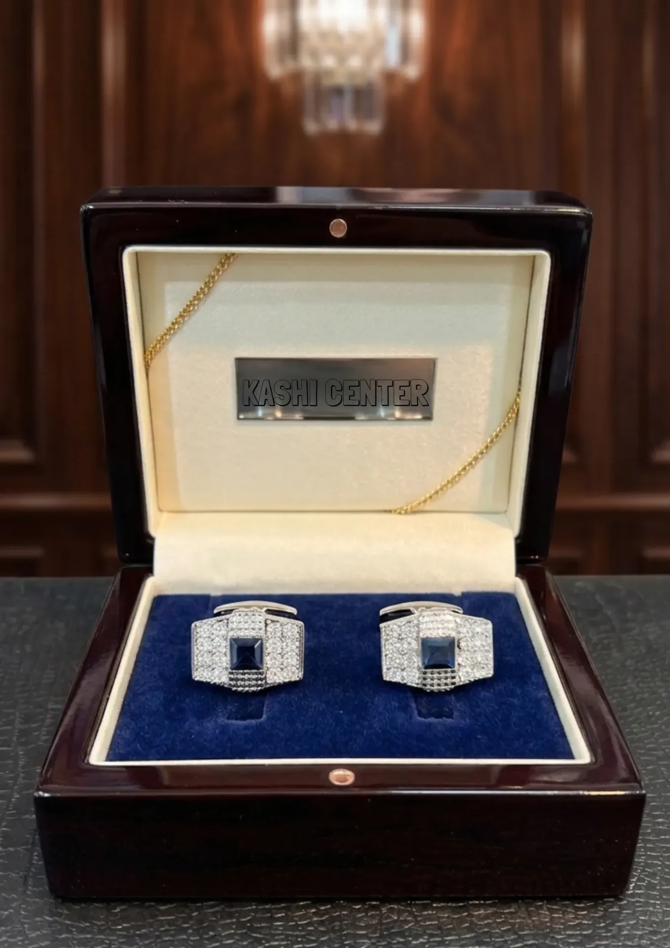 square-cut blue sapphire cufflinks set