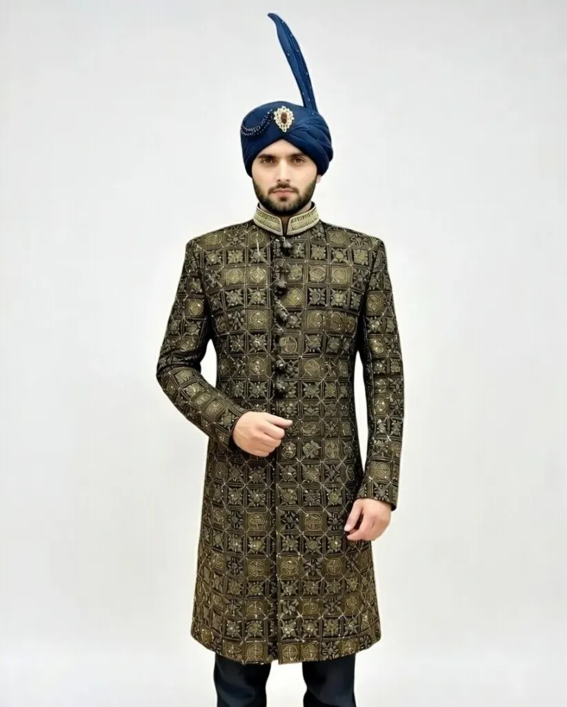 luxurious cream-golden sherwani crafted with fine jacquard fabric.