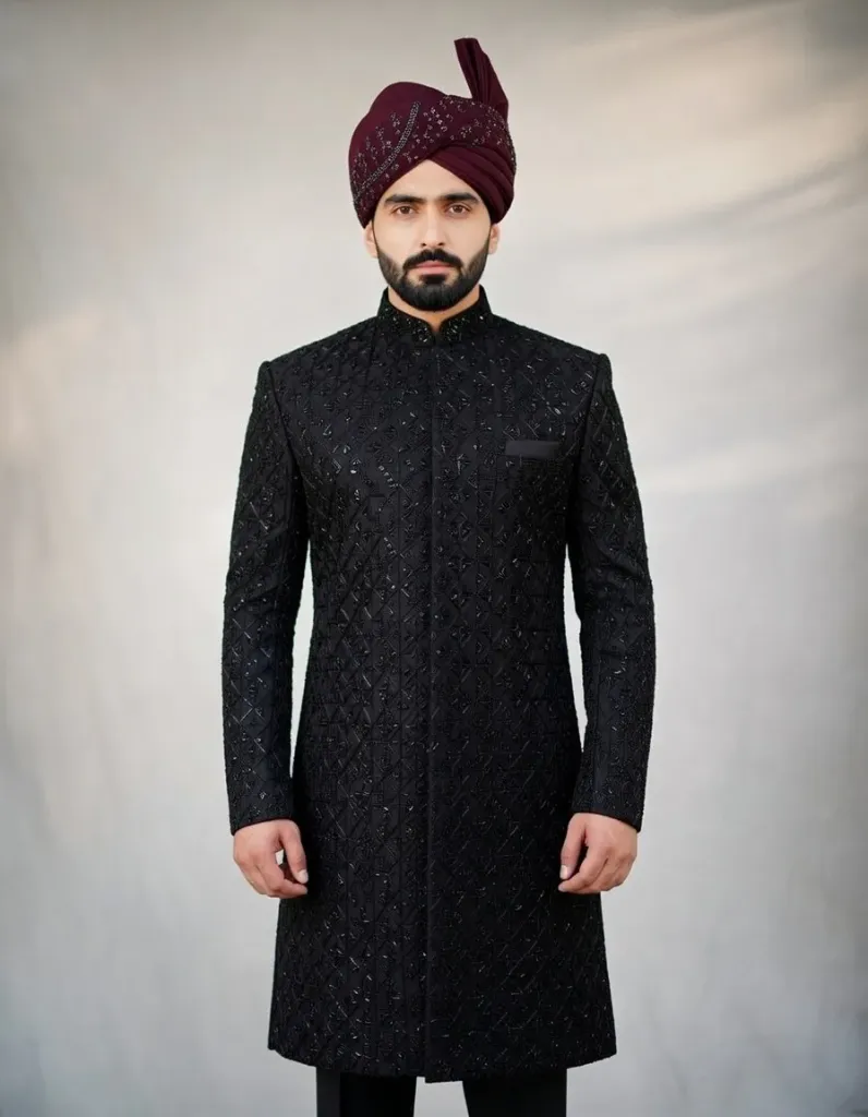 Men's Black Velvet Straight Sherwani Set