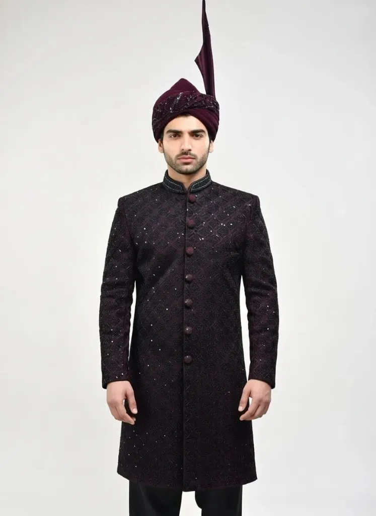 Wine Velvet Embroidered Indowestern Sherwani.
